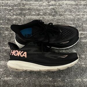 Hoka Black Rose Gold and White Athletic Shoes